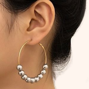 Gold Hoop Silver Ball Earrings, Oversized, Exaggerated, Drop, Dangle, Beaded